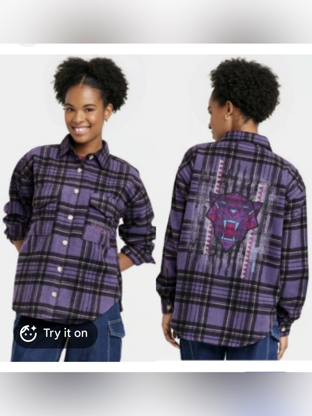 Marvel Wakanda Forever Black Panther Plaid Flannel Shirt Purple & Black Large